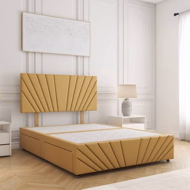 BSSPOKE Rose Plush Velvet Small Double Divan Bed Set with 24 inch Headboard and 4 Drawers in Yellow, W/D/H: 120 x 200 cm