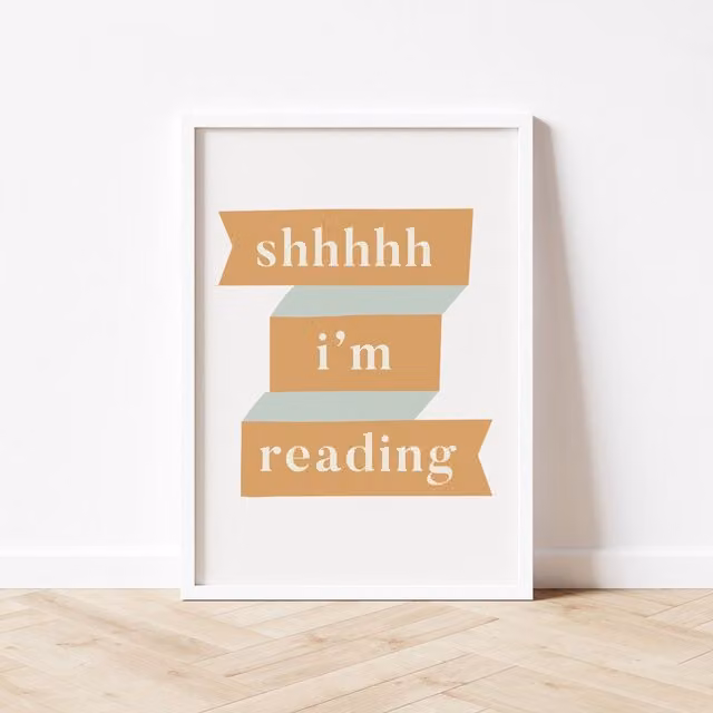 Autumns Corner Shhhh Im Reading Typography Paper Poster, Sage and Mustard, A2