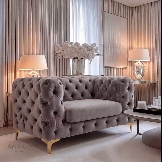 Sofaya Monaco Chesterfield Velvet Armchair in Grey