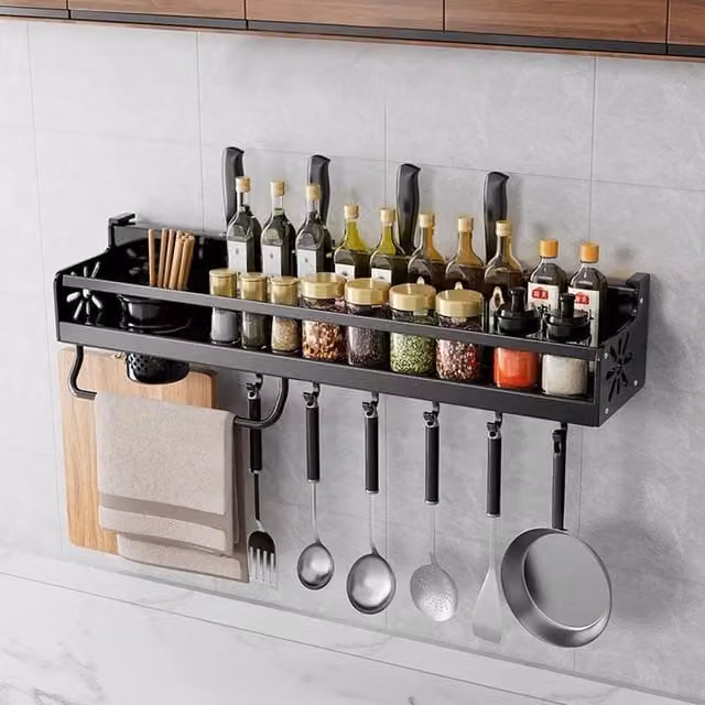EONLION Black Wall Mounted Metal Kitchen Spice Rack and Utensil Shelf, Width: 100 cm