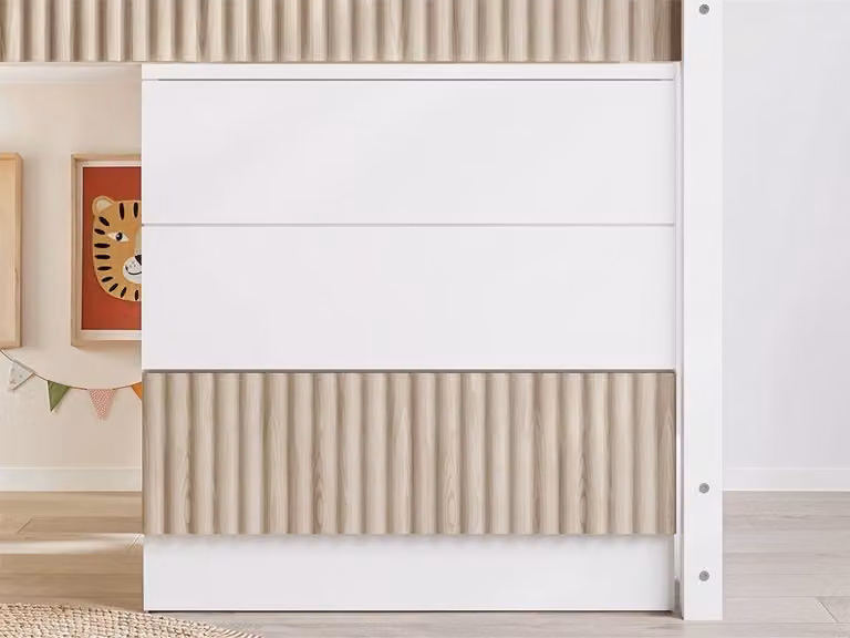 Flair Luca Ribbed Mid Sleeper with 3 Drawer Chest in Light Oak and White, Single Size, H: 113 cm, W: 90 cm, D: 190 cm