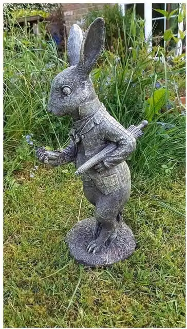 Inspirational Gifting White Rabbit Garden Sculpture Ornament in Grey and Bronze Resin