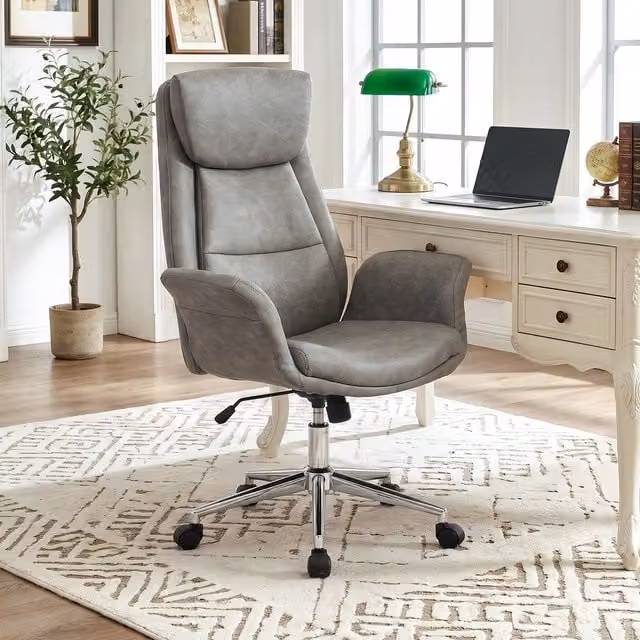 Livingandhome Grey High Back Executive Office Chair with Armrests and PU Leather Finish