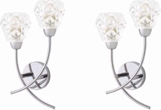 ValueLights Astley Pair of Chrome 2 Way Wall Lights with Transparent Crystal Shades in Silver