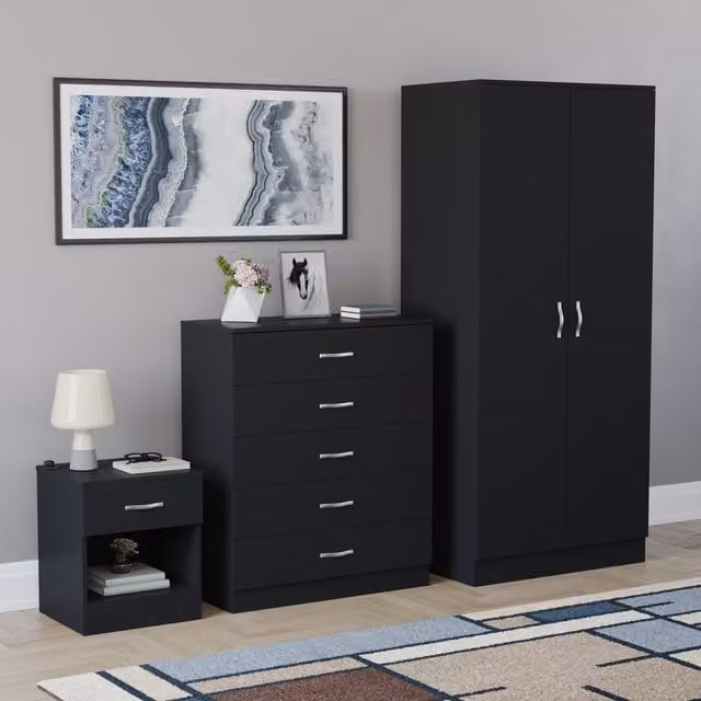 Vida Designs Riano 3 Piece Modern Black Bedroom Set including Wardrobe, Chest of Drawers and Bedside Chest