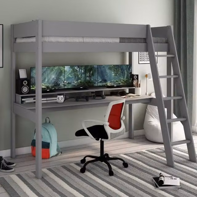 Estella Grey Single High Bed with Integrated Gaming Desk and Under-Bed Lighting