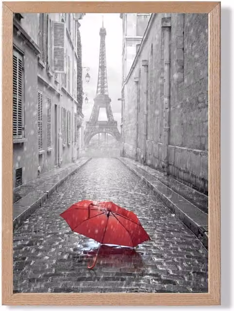 ARTZE Red Umbrella in Paris with Eiffel Tower Framed Photograph, Black Oak Frame, Size: A2