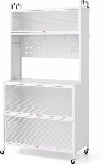 Costway Modern White 5 Tier Kitchen Bakers Rack and Multifunctional Microwave Stand with Glass Doors and Appliance Housing Unit