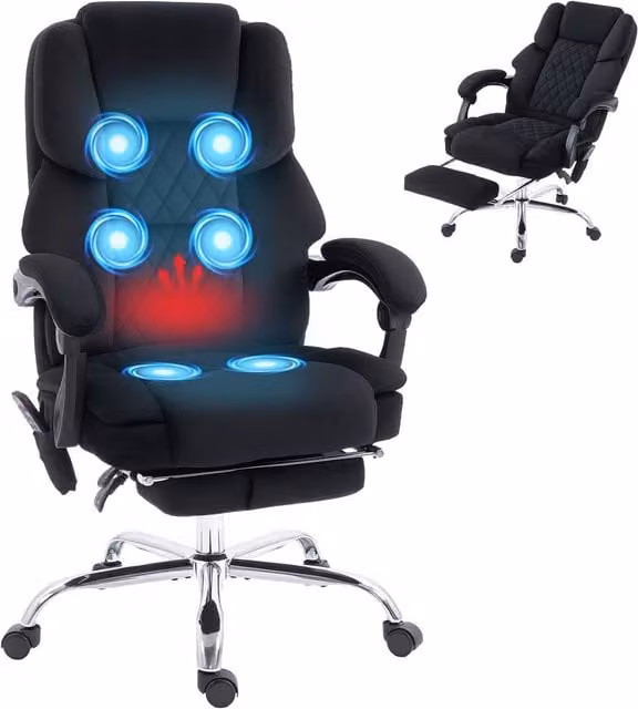 Rolipo Black Velvet Executive Office Chair with 6-Point Heated Massage, High Back, Headrest and Footrest