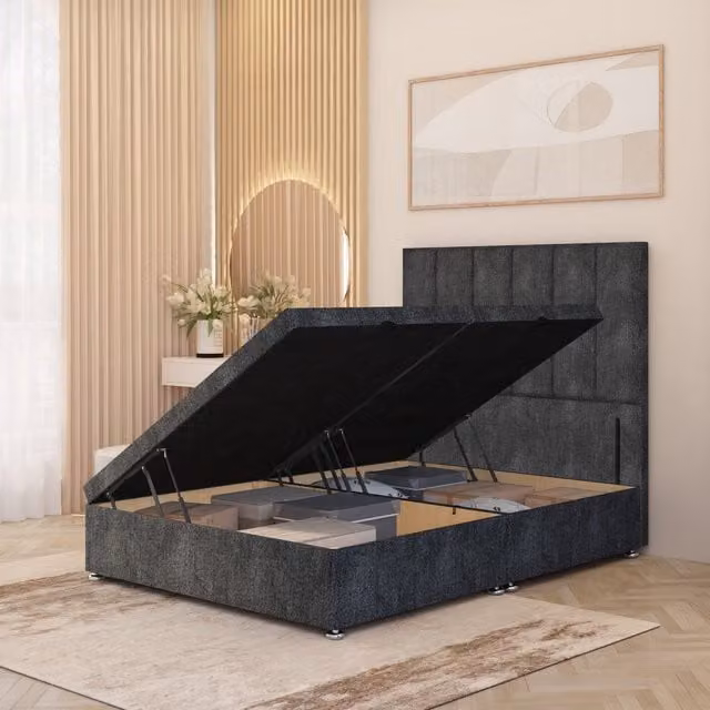 Somnior Beds Ltd Austin Tweed Fabric Solid Wood Ottoman Bed with Side Opening Floor Standing Headboard, Charcoal, W/D/H: 200 x 193 x 123 cm