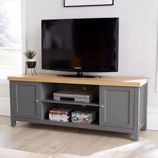 Home Source Avon 2 Door TV Stand Storage Unit with 36mm Oak Effect Top in Graphite and Grey