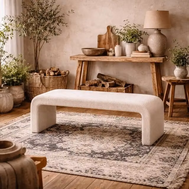 Wyld Haus Palermo Curved Ivory Bouclé Upholstered Hallway Bench