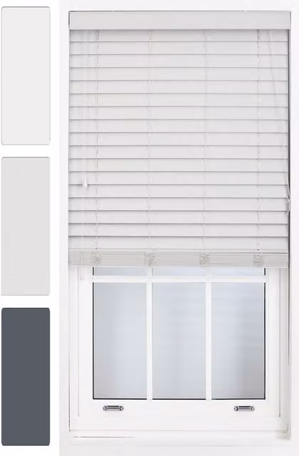 Furnished Venetian Faux Wood Window Blinds with 50mm Slats in Grey, Width: 125 cm, Drop: 210 cm