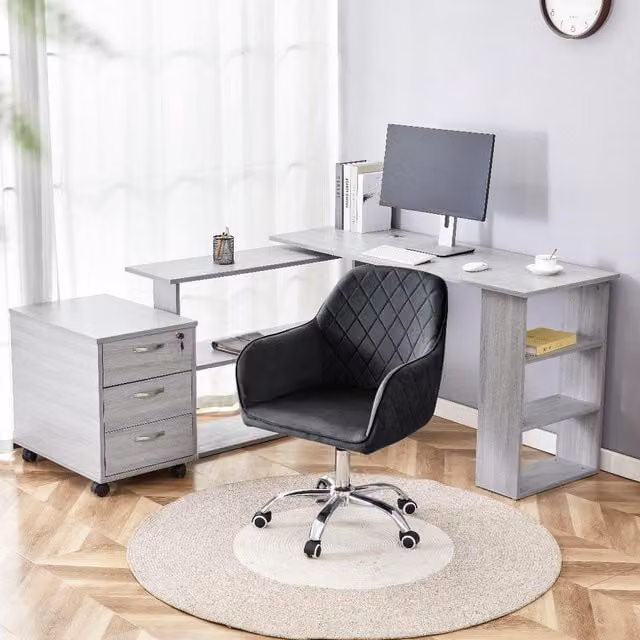 Kosy Koala Modern Home Office Set Including L-Shaped Desk, Storage Shelves, Drawer Pedestal and Upholstered Office Chair in Black and Grey