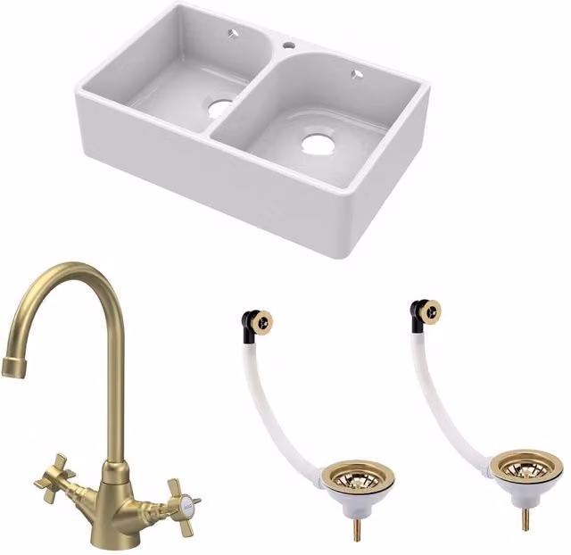 Balterley White Ceramic Double Bowl Butler Sink with Mono Crosshead Mixer Tap and Wastes in Brushed Brass, W: 79.5 cm