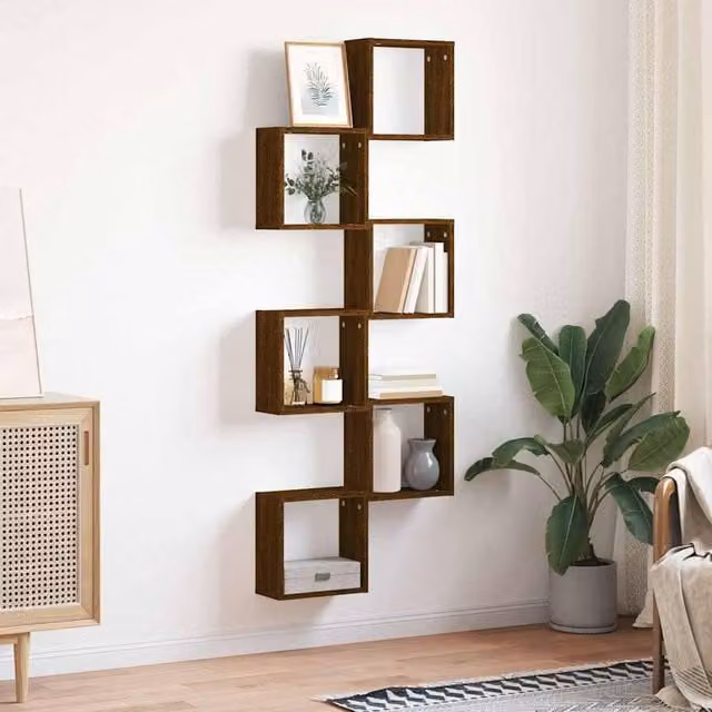 Berkfield Home Wall Mounted Cube Shelves, 6 Piece, Brown Oak, W/D/H: 30 x 15 x 30 cm