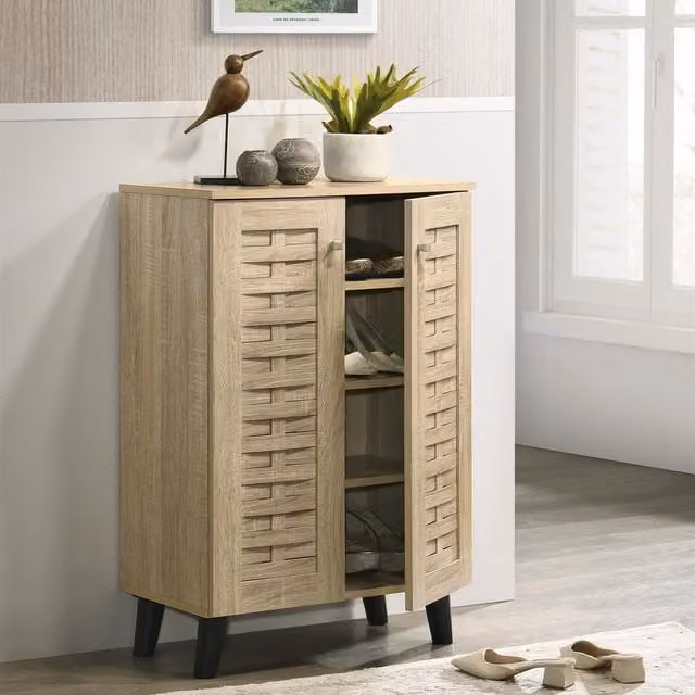 Timber Art Design Modern Oak Shoe Storage Cabinet with 2 Tilting Doors in Brown