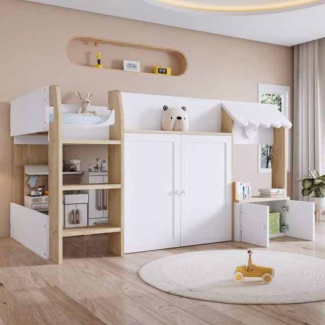 Rolipo White Solid Wood High Sleeper Bed for Children with Stairs and Side Storage Compartments W/D/H: 90 x 190 cm