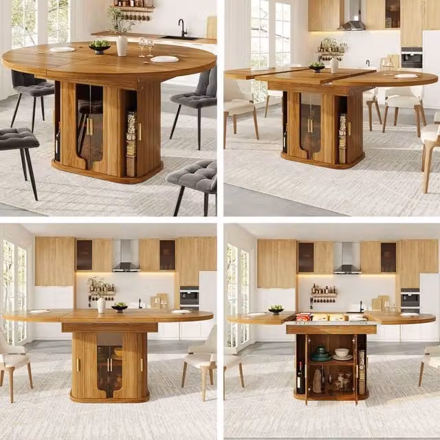 Merax Extendable Round Dining Table in Walnut with Butterfly Leaf and Glass Top
