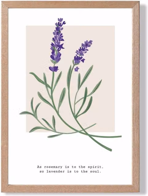 ARTZE Lavender Plant and Quote Flower Market Simplicity Framed Print in Purple and Green with Oak Frame, A4