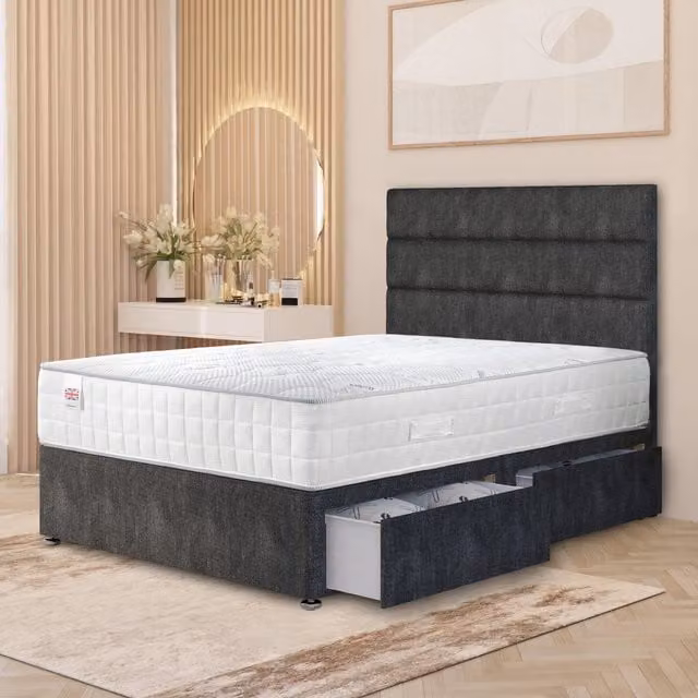 Somnior Beds Ltd Horizona Tweed Divan Bed Set with Pocket Spring Hybrid Mattress and Floor Standing Headboard, Anthracite Grey, W/D/H: 140 x 200 cm
