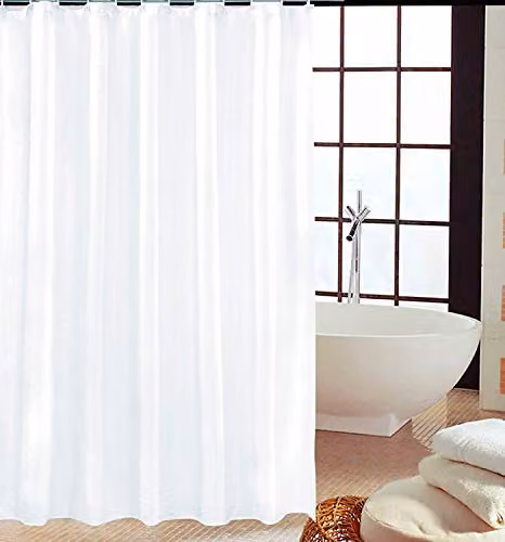 KAV White Polyester Mould and Mildew Resistant Shower Curtain with Hooks, W: 180 cm x H: 180 cm