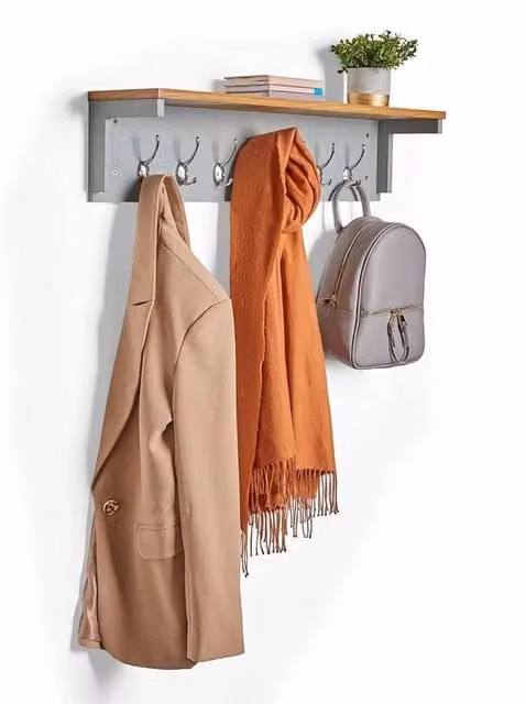 Kelvenix Modern Wooden Wall-Mounted Coat Rack with Distributed Point Hooks in Grey