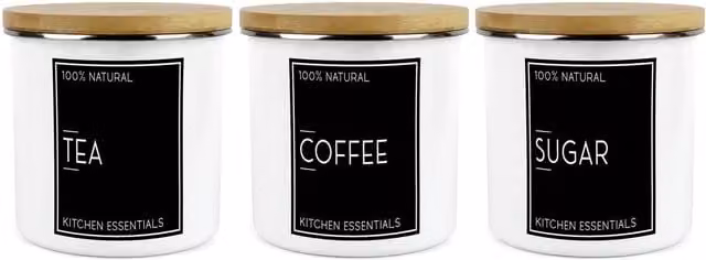 Purely Home Inverted Minimalist Large Kitchen Canister Set of 3 for Tea, Coffee and Sugar in White Ceramic and Enamel
