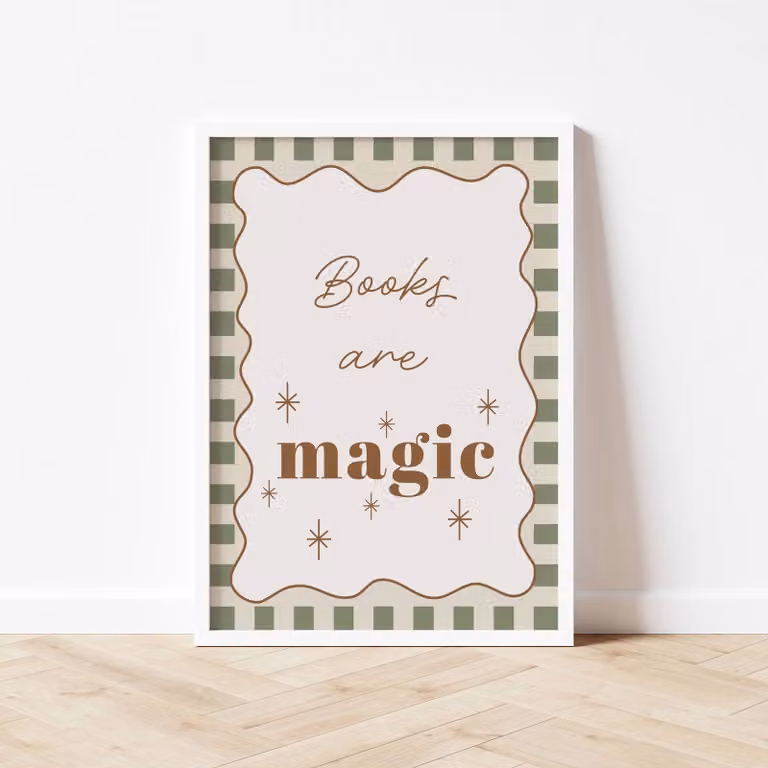 Autumns Corner Books Are Magic Checkerboard Paper Poster in Sage and Pink, A2