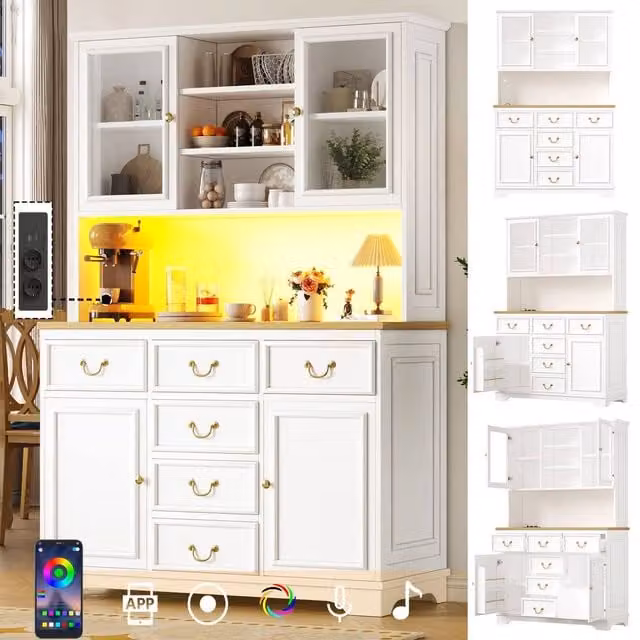 Matteo White Modern Tall Kitchen Cabinet with Glass Doors, LED Lighting and Internal Storage
