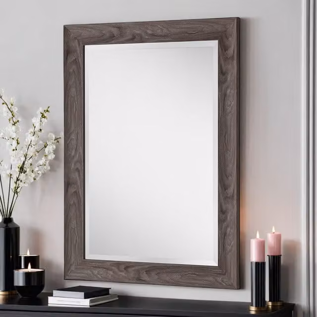 Yearn Rustic Grey Wood Effect Scooped Framed Rectangular Wall Mirror in Pale Green, W: 76 cm, H: 61 cm