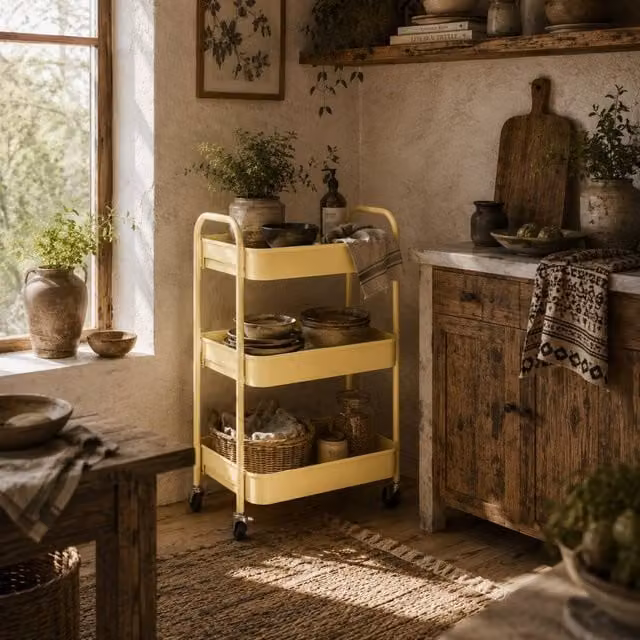 Wyld Haus Firi 3 Tier Yellow Metal Storage Trolley with Wheels, W/D/H: 30.6 x 30.6 x 79.0 cm