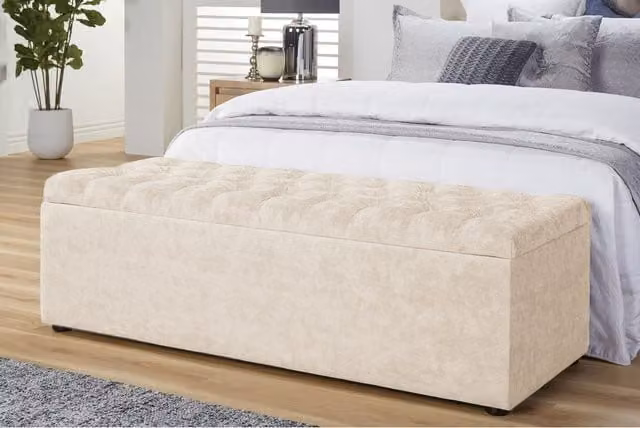 R&M Furnishers Chesterfield Naples Upholstered Ottoman Storage Box in Cream Beige