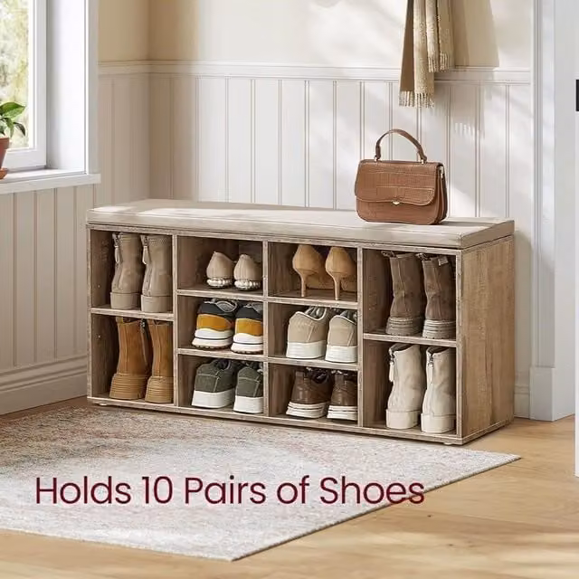 VASAGLE 10 Compartment Shoe Bench Storage Unit with Fabric Cushion in Brown and Beige