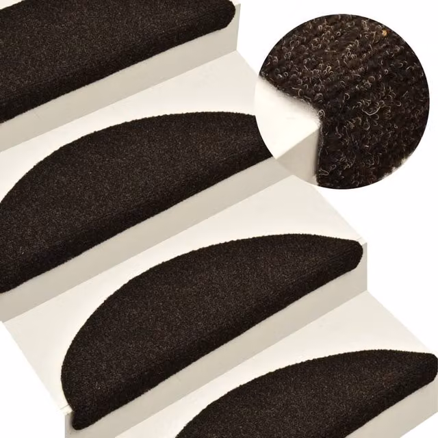 Berkfield Home Self-adhesive Needle Punch Stair Mats, 15 Pieces, Dark Brown, W: 65 cm, D: 21 cm, H: 4 cm