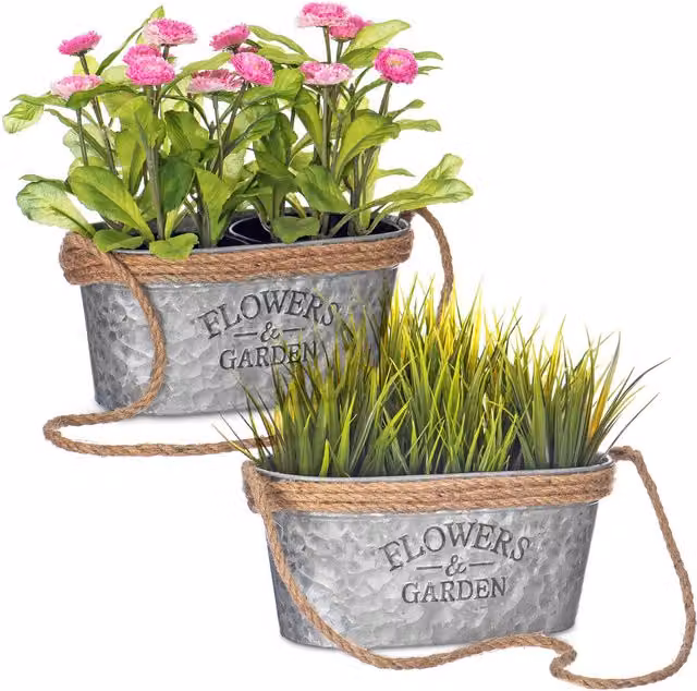 LIVIVO Set of 2 Silver Zinc Metal Hanging Plant Pots with Rustic Hessian Rope for Indoor and Outdoor Use
