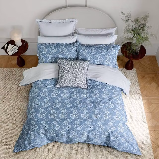 Bedeck of Belfast Miya Reversible Floral Cotton and Linen Single Duvet Cover Set, Blue and White, W: 90 cm, L: 200 cm