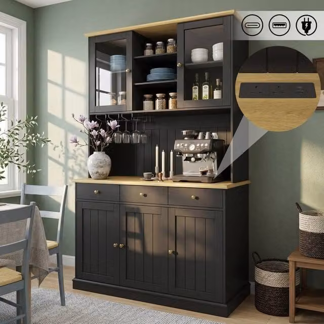 Merax Modern Black Welsh Dresser Kitchen Cabinet with Glass Doors and Charging Station, W/D/H: 120 x 40 x 191 cm