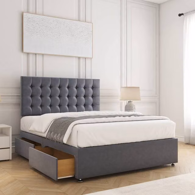 BSSPOKE Maria Velvet Divan Bed Set with 24 inch Headboard, 2 Drawers, Footend and Mattress in Charcoal Grey, Super King, W/D/H: 200 x 200 cm