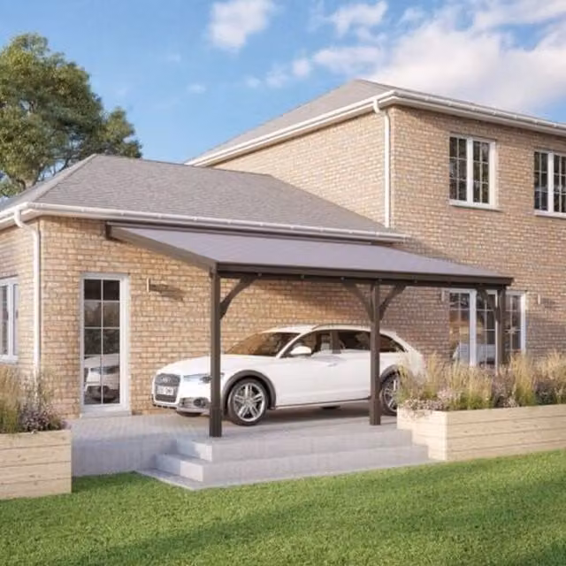 Rutland County Garden Furniture Ltd 3 Post Wooden Carport with Bitumen Shingle Roof, Rustic Brown, W: 578 cm, L: 300 cm