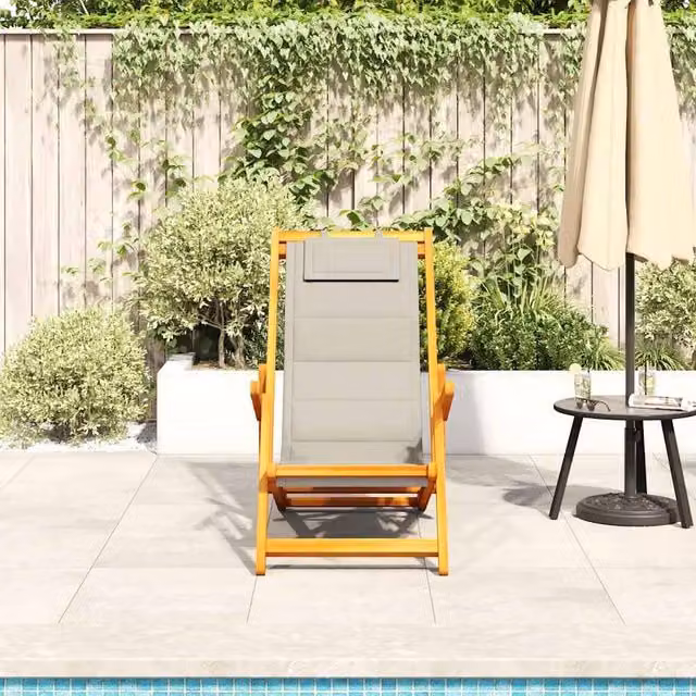 Berkfield Home Beautiful Folding Beach Chair with Armrests and Adjustable Headrest in Taupe Acacia Wood