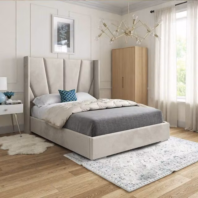 Casani Falmouth Wide Curved Winged Designer Bed Frame in Beige Soft Velvet, Size: Small Double (W/D/H: 137 x 120 x 200 cm)