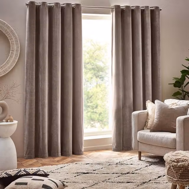 Make It A Home Heavy Chenille Velvet Room Darkening Eyelet Curtains in Beige, Yellow or Grey, Height: 229 cm