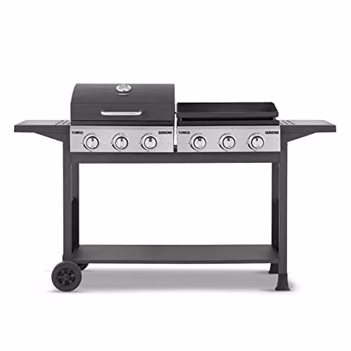 Tower Goucho 6 Burner Gas BBQ and Plancha with Precision Heat Thermometer and Waterproof Cover, Black, T978544