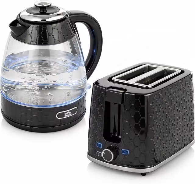 HOMCOM Kettle and Toaster Set in Black, featuring a 1.7 l Rapid Kettle with Limescale Filter and a 2-Slice Toaster