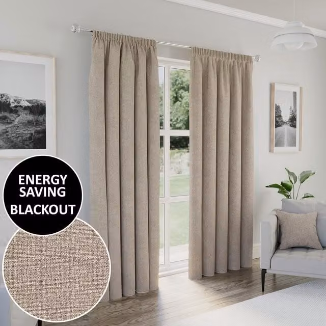 Enhanced Living Dallas Blackout Pencil Pleat Curtains in Beige and Brown, Width: 274 cm, Height: 229 cm
