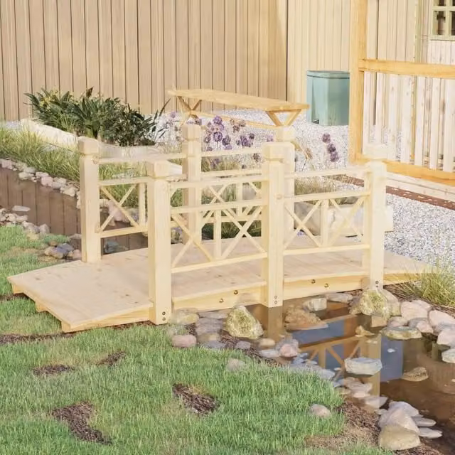 Berkfield Home Garden Bridge with Railings in Brown Solid Spruce Wood, W/D/H: 150 x 67 x 56 cm