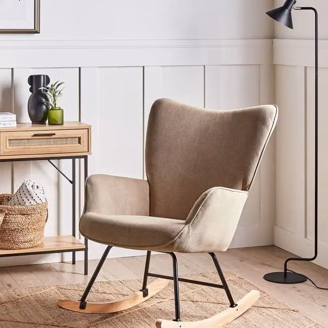 Wyld and Coco Taupe Jumbo Cord Rocking Armchair with Wide Backrest and Black Metal Legs in Beige