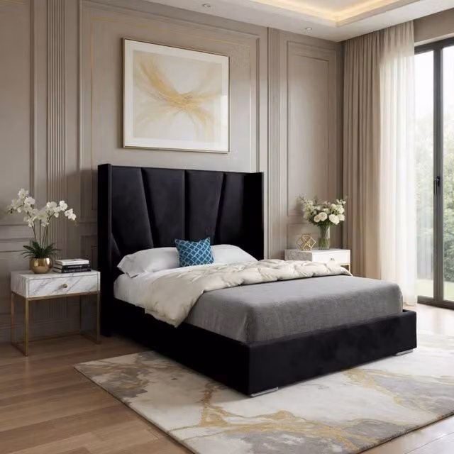 KDMD Godmanchester Wide Curved Designer Bed Frame in Black Soft Velvet, Single, W/D/H: 90 x 200 cm