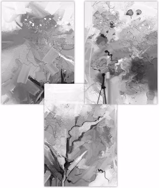 ARTZE Set of 3 Abstract Black and Grey Mixed Media Fractal Art Paper Posters, W: 30 cm, H: 42 cm